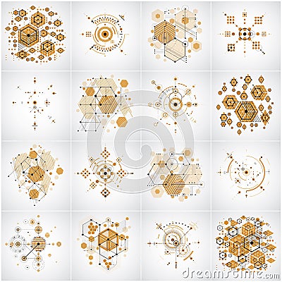 Bauhaus art composition. Set of decorative modular vector wallpapers with circles and hexagons. Retro style patterns Vector Illustration