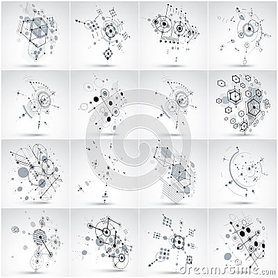 Bauhaus art composition. Set of decorative modular vector wallpapers with circles and hexagons. Retro style patterns Vector Illustration