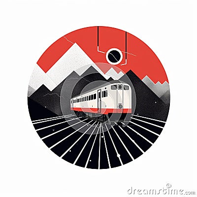 Bauhaus-inspired Train Journey To Red Mountains Cartoon Illustration