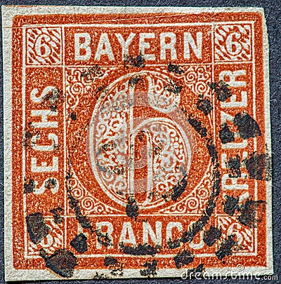 Bavaria / Germany circa 1862: A stamp from Bavaria in Germany in brown showing the number 6 Kreuzer and the word Franco Editorial Stock Photo