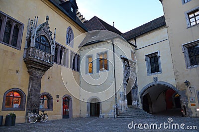Regensburg, Bavaria, Germany - 11.11.2014: Streets of Bavarian Regensburg. This city is an example of a well-preserved large Editorial Stock Photo