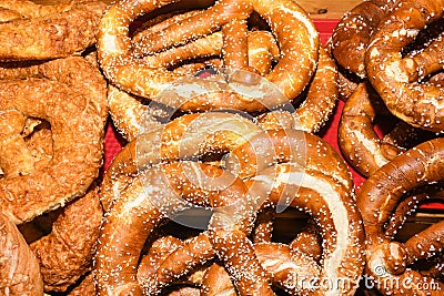 Bavarian authentic pretzels for Oktoberfest or Autumn Fest, Christmas.German, Austrian salted brezel Stock Photo