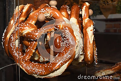 Bavarian authentic pretzels for Oktoberfest or Autumn Fest, Christmas.German, Austrian salted brezel Stock Photo