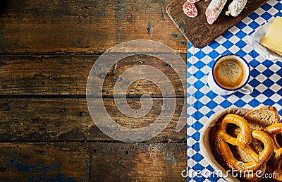 Bavarian breakfast with pretzel, sausage, coffee Stock Photo
