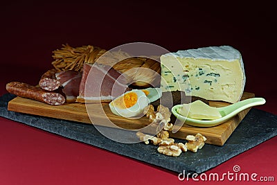 bavarian breakfast on a wooden plate Stock Photo