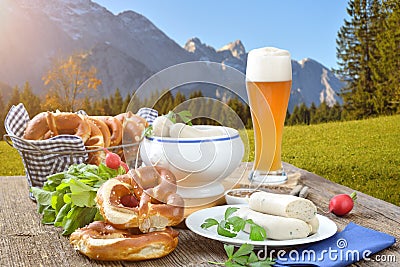 Bavarian breakfast with white sausages Stock Photo