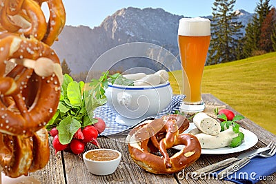 Bavarian breakfast with white sausages Stock Photo