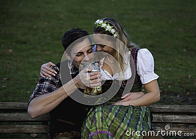 Bavarian Couple with Beer Stock Photo