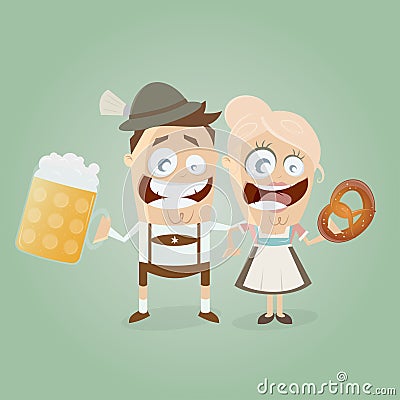 Bavarian couple with beer and pretzel Vector Illustration