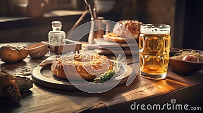 Bavarian food with beer on a wooden table. Generative AI Cartoon Illustration