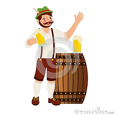 bavarian man holding beers glass and barrel Cartoon Illustration