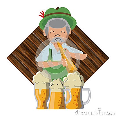 Bavarian man with trumpet and beers Vector Illustration