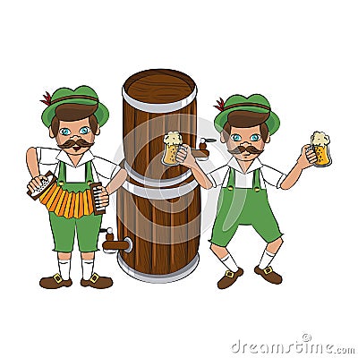 Bavarian mens with beers and accordion Vector Illustration