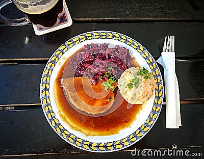 Bavarian Sauerbraten of beef, bread dumplings Stock Photo