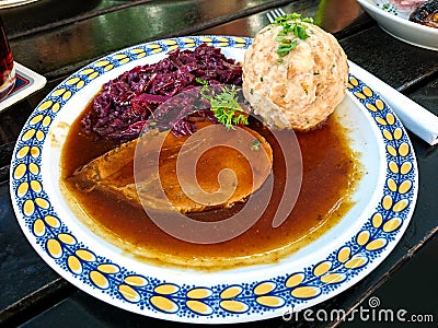 Bavarian Sauerbraten of beef, red cabbage Stock Photo