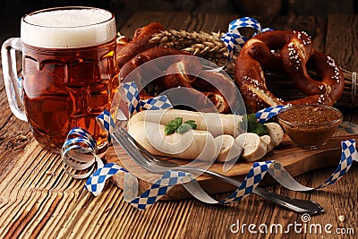 Bavarian veal sausage breakfast with sausages, soft pretzel and Stock Photo