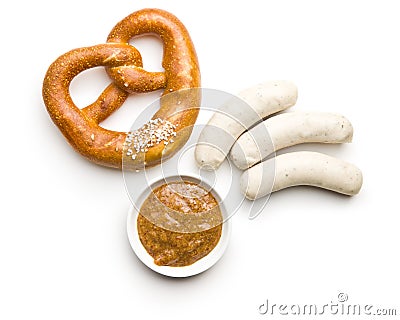 The bavarian weisswurst, pretzel and mustard. Stock Photo