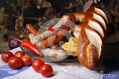 Bavarian White And Red Sausages With Mustard, Bavarian Buns and Stock Photo
