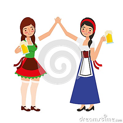 bavarian women holding hands with beers Cartoon Illustration
