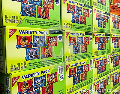 BAXTER, MN - 3 FEB 2021: Store display of boxes of Nabisco snacks for sale Editorial Stock Photo