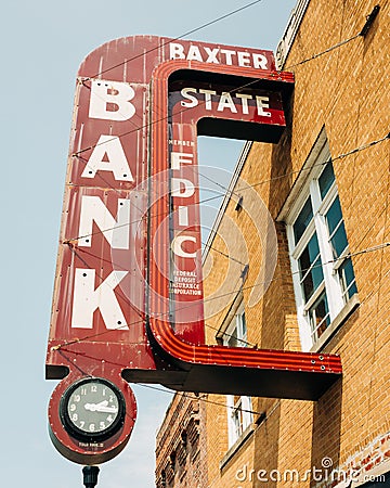 Baxter State Bank sign, in Baxter Springs, on Route 66 in Kansas Editorial Stock Photo