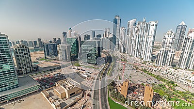 Bay Avenue with modern towers residential development in Business Bay aerial panoramic timelapse, Dubai Editorial Stock Photo