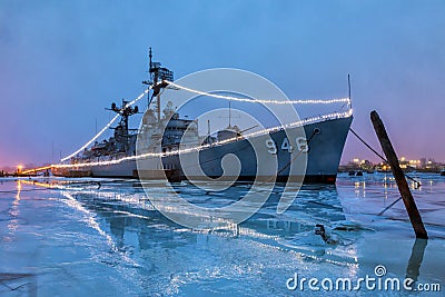 BAY CITY, MICHIGAN,USA-JANUARY 10: - USS Edson at night, is doc Editorial Stock Photo