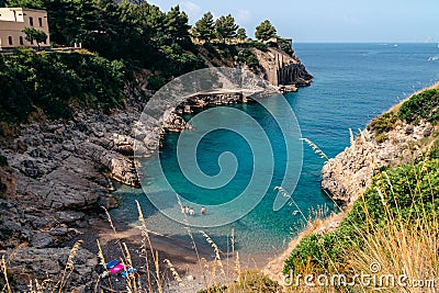 Bay di Ieranto, Sorrento, Amalfitana coast. Nature landscape, sea and mountains, Beautiful sunny day. Copy space. Travel and Stock Photo