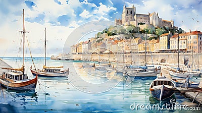 Bay Of France Watercolor Painting: Captivating Coastal Scenes And Impressive Panoramas Cartoon Illustration