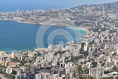 Bay of Jounieh, Ghazir, Maameltein and Tabarja aerial view, on the mediterranee, Lebanon Stock Photo