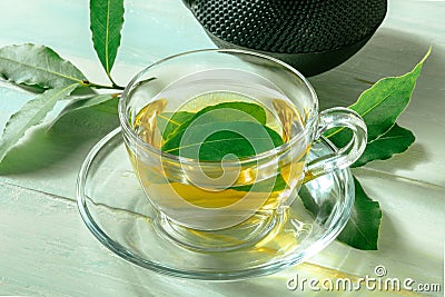 Bay leaf tea. Fresh laurel leaves infusion with a cup and a teapot Stock Photo