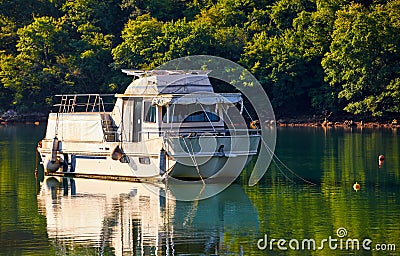 Bay of Lim, Istria, Croatia. Fishing boat catching oysters farm Stock Photo