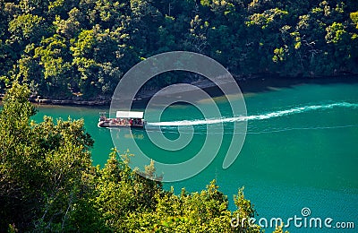 Bay of Lim, Istria, Croatia. Fishing boat catching oysters farm. Stock Photo