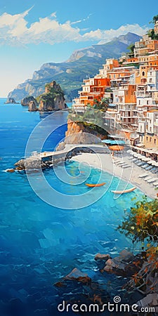 Vibrant Coastal Painting Of Positano: Exaggerated Scenes In 32k Uhd Stock Photo