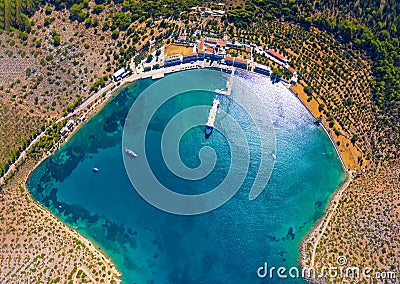 Bay of panormitis Symi island view from above with drone Stock Photo