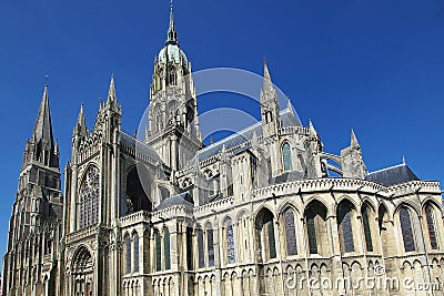 Bayeaux, France. The cathedral with its Gothic towers Editorial Stock Photo