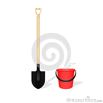 Bayonet shovel and red bucket Vector Illustration