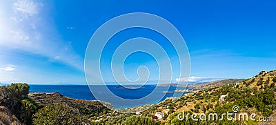 Bays of Batsi and Gavrion on the Greek Cyclades island of Andros Stock Photo