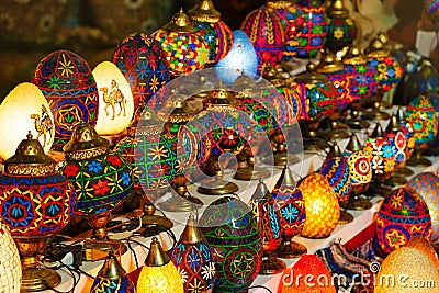 In the bazaar, there are Middle Eastern lambas in various colors and sizes. Bright traditional Arabic and Turkish Stock Photo