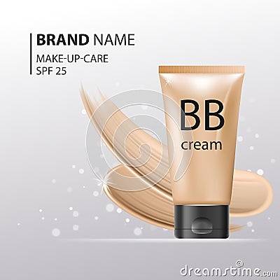 BB Cream plastic tube Template. Makeup mockup for ads or magazine whith liquid foundation on glitter sparkle background Vector Illustration