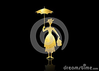 Mary Poppins Silhouette girl floats with umbrella in his hand, gold leaf style vector isolated or black background Vector Illustration