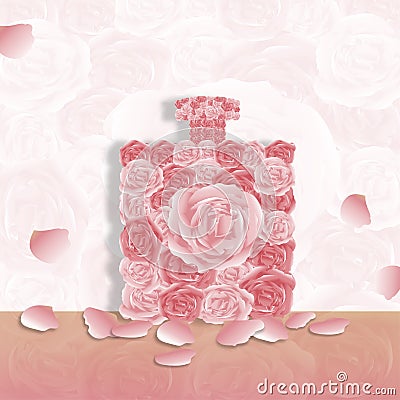 Beautiful english rose in perfume shape on blurry texture,Blooming spring flowers on pink background with copy space for message, Vector Illustration