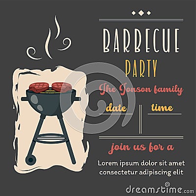 Bbq background with brazier, grill, steaks, meat food. Vector Illustration