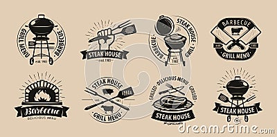 BBQ, barbecue, grill logo or icons. Labels for the menu of restaurant or cafe. Vector illustration Vector Illustration