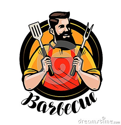 BBQ, barbecue logo or label. Chef or happy cook holding a grill tools spatula and fork. Cartoon vector illustration Vector Illustration
