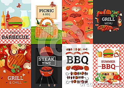 BBQ Barbecue Picnic Banners Set Vector Illustration