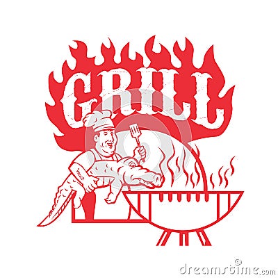 BBQ Chef Carry Gator Grill Retro Cartoon Illustration