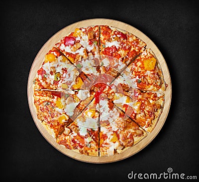 BBQ chicken pizza on a black background. Stock Photo