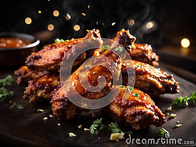 Delicious fried BBQ chicken, Floating wings, appetizer. BBQ sauce of your choice. Cinematic advertising photography Stock Photo