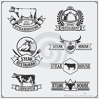 BBQ Collection. Set of vintage grill steak labels, badges and emblems. Vector Illustration